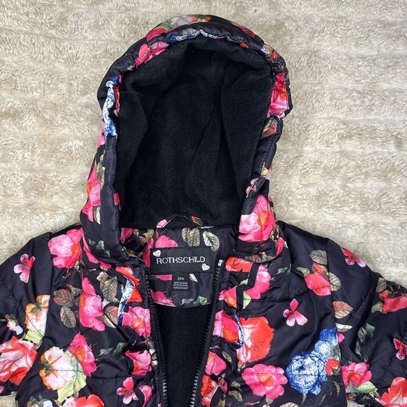 Rothschild hooded ruffled black floral puffer jacket/coat - Picture 4 of 4